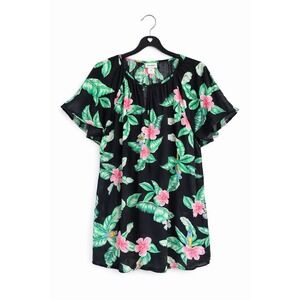 Old Navy Women's Blouse XL Black Tropical Floral Flutter Sleeve Rayon Resort